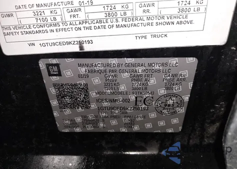 2019 GMC Sierra 1500 Elevation from USA, damaged, VIN 1GTU9CED9KZ250193